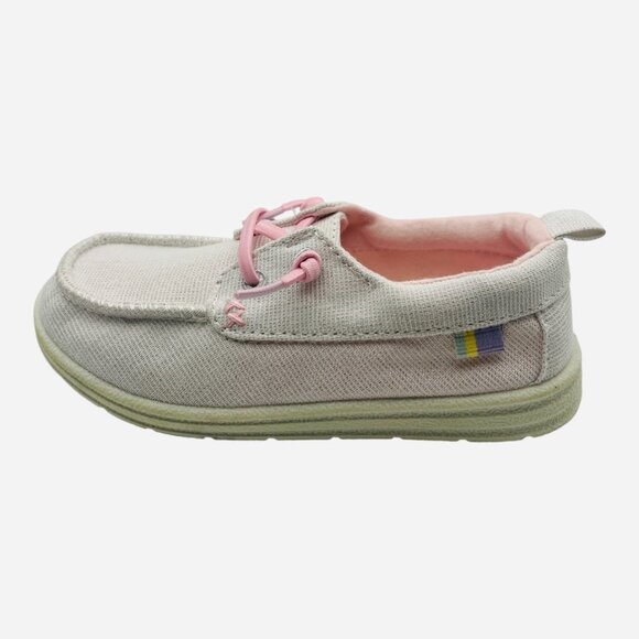 Toddler Girls' Beige Boat Shoes Pink Accents Slip-On Casual Lightweight Canvas - Picture 2 of 6